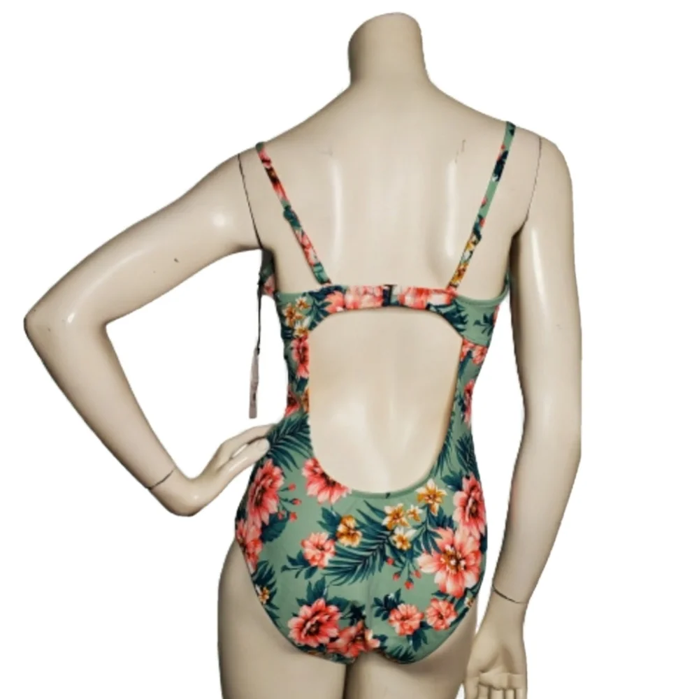 Shade & Shore One Piece Swimsuit Women's 36B Green Coral Tropical Floral NEW